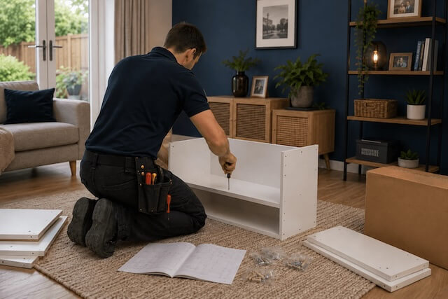 A handyman assembling flat-pack furniture in a living room