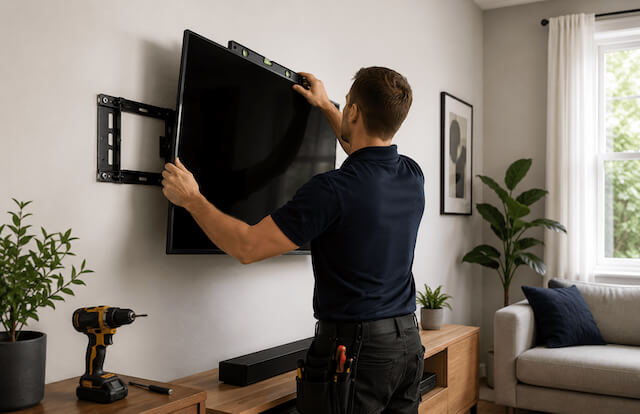 A handyman carefully mounting and aligning a TV on a living room wall