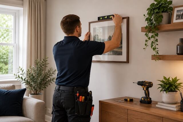 A handyman using a spirit level to align a framed picture on a living room wall